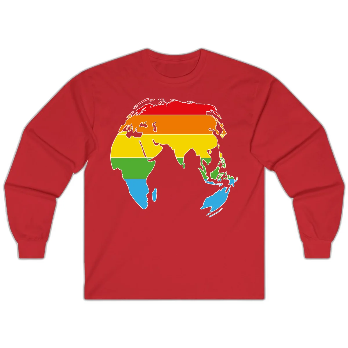 Map of Asia divided into five colored climate zones: red, orange, yellow, green, and blue bands representing different temperature and precipitation regions. in Red
