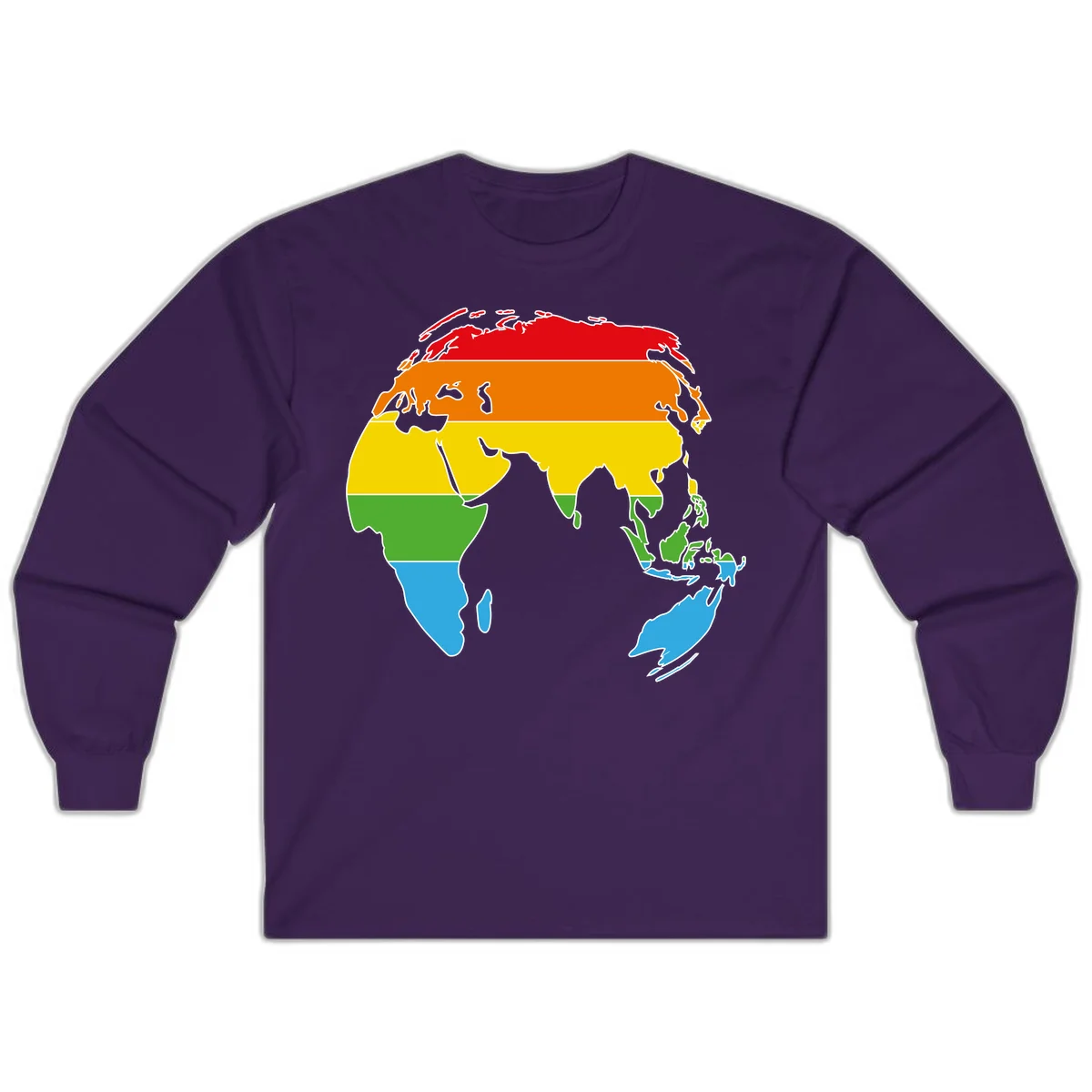 Map of Asia divided into five colored climate zones: red, orange, yellow, green, and blue bands representing different temperature and precipitation regions. in Purple