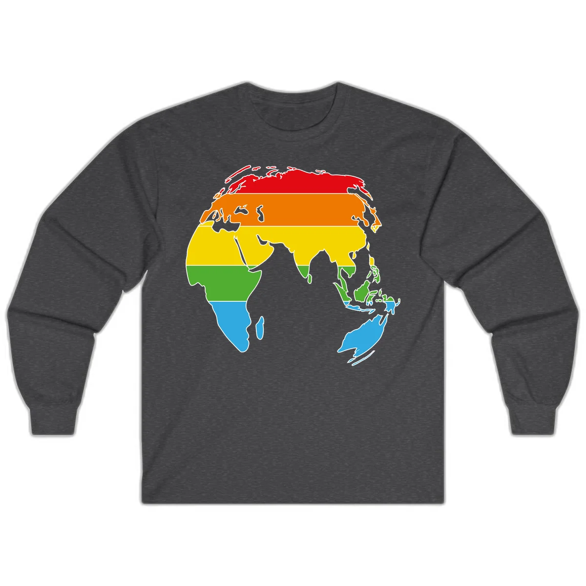 Map of Asia divided into five colored climate zones: red, orange, yellow, green, and blue bands representing different temperature and precipitation regions. in Dark Heather
