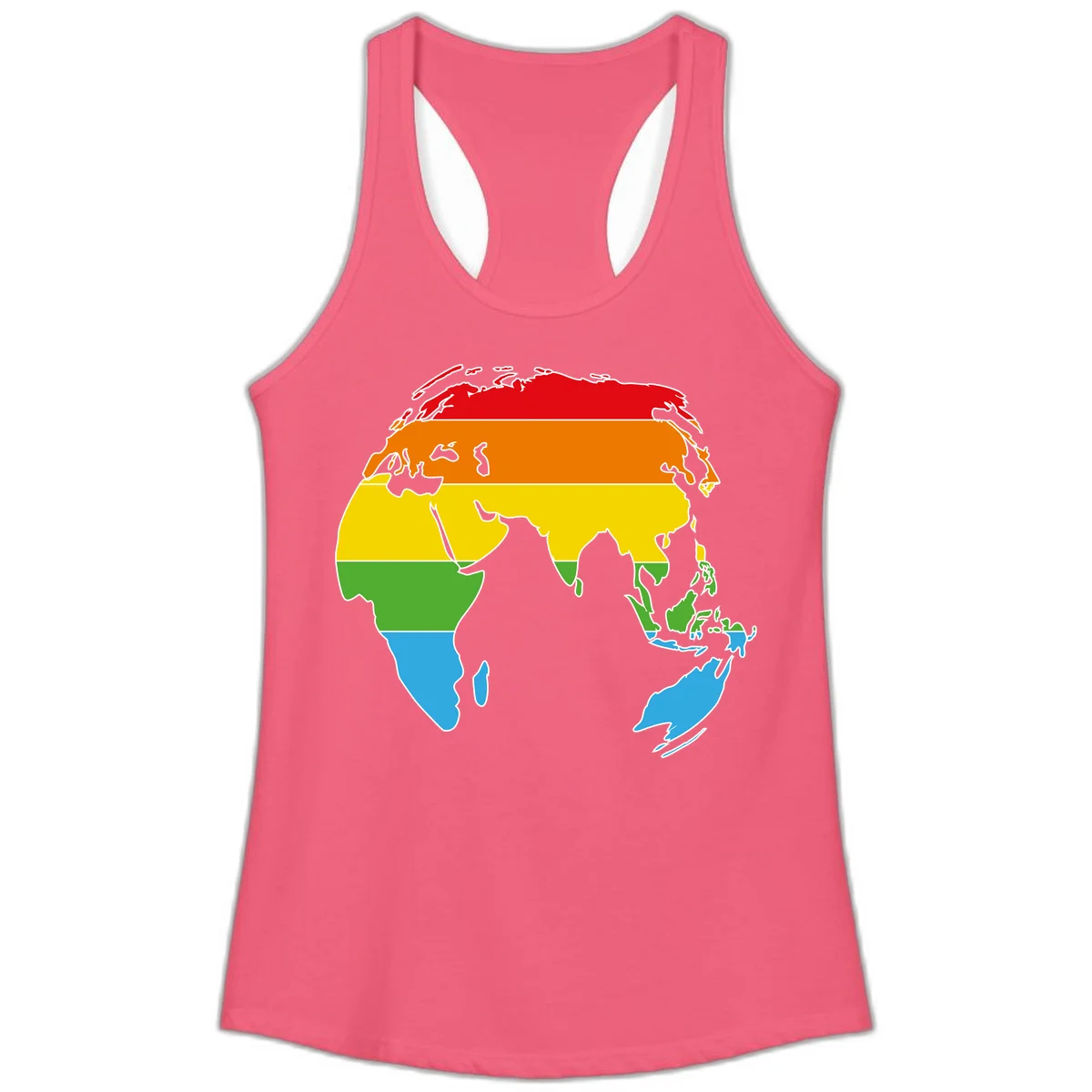 Map of Asia divided into five colored climate zones: red, orange, yellow, green, and blue bands representing different temperature and precipitation regions. in Hot Pink