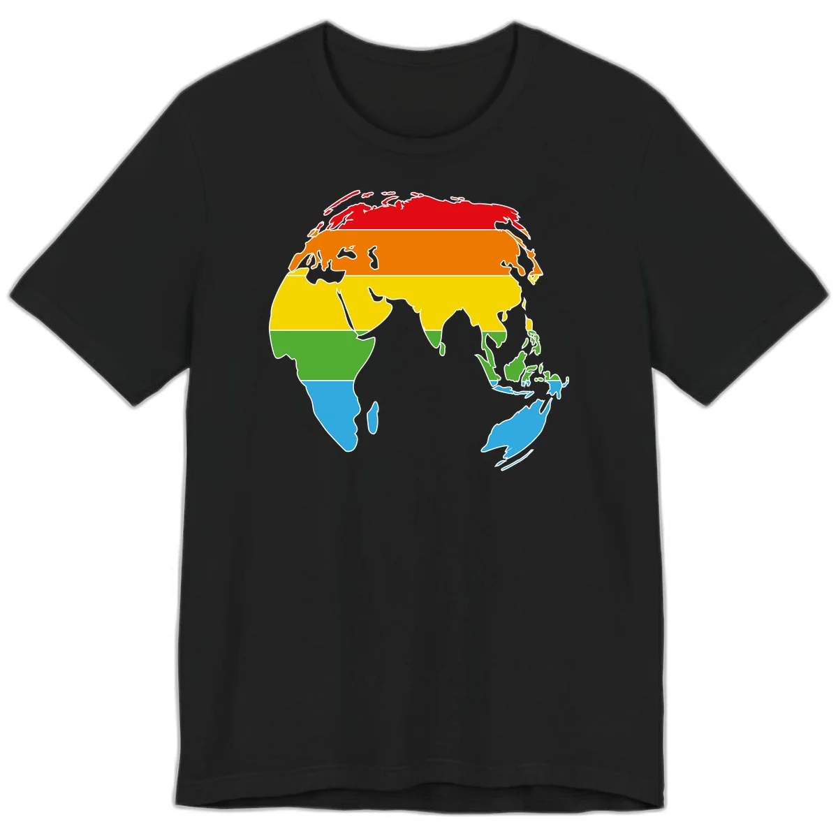 Map of Asia divided into five colored climate zones: red, orange, yellow, green, and blue bands representing different temperature and precipitation regions. in Black