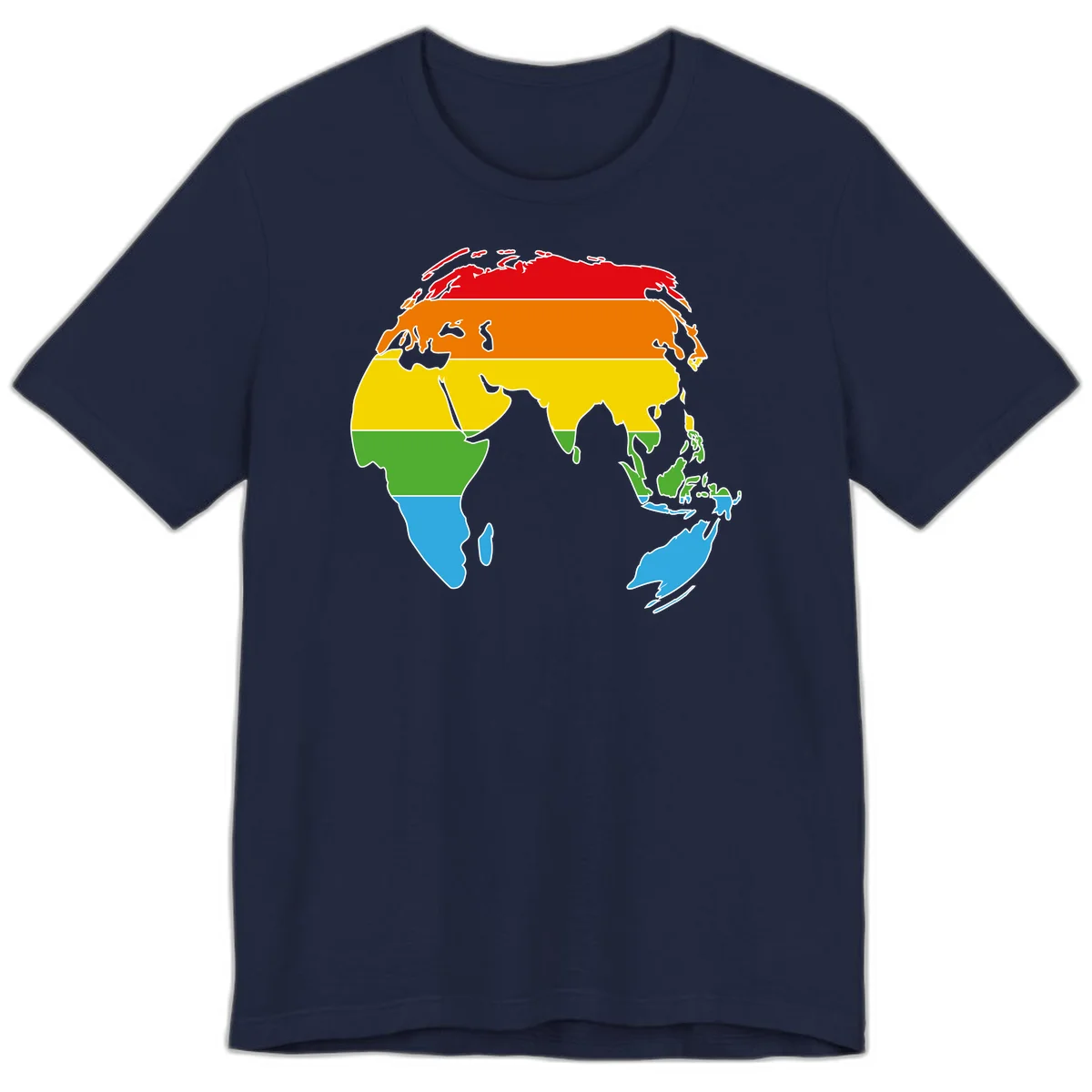 Map of Asia divided into five colored climate zones: red, orange, yellow, green, and blue bands representing different temperature and precipitation regions. in Navy