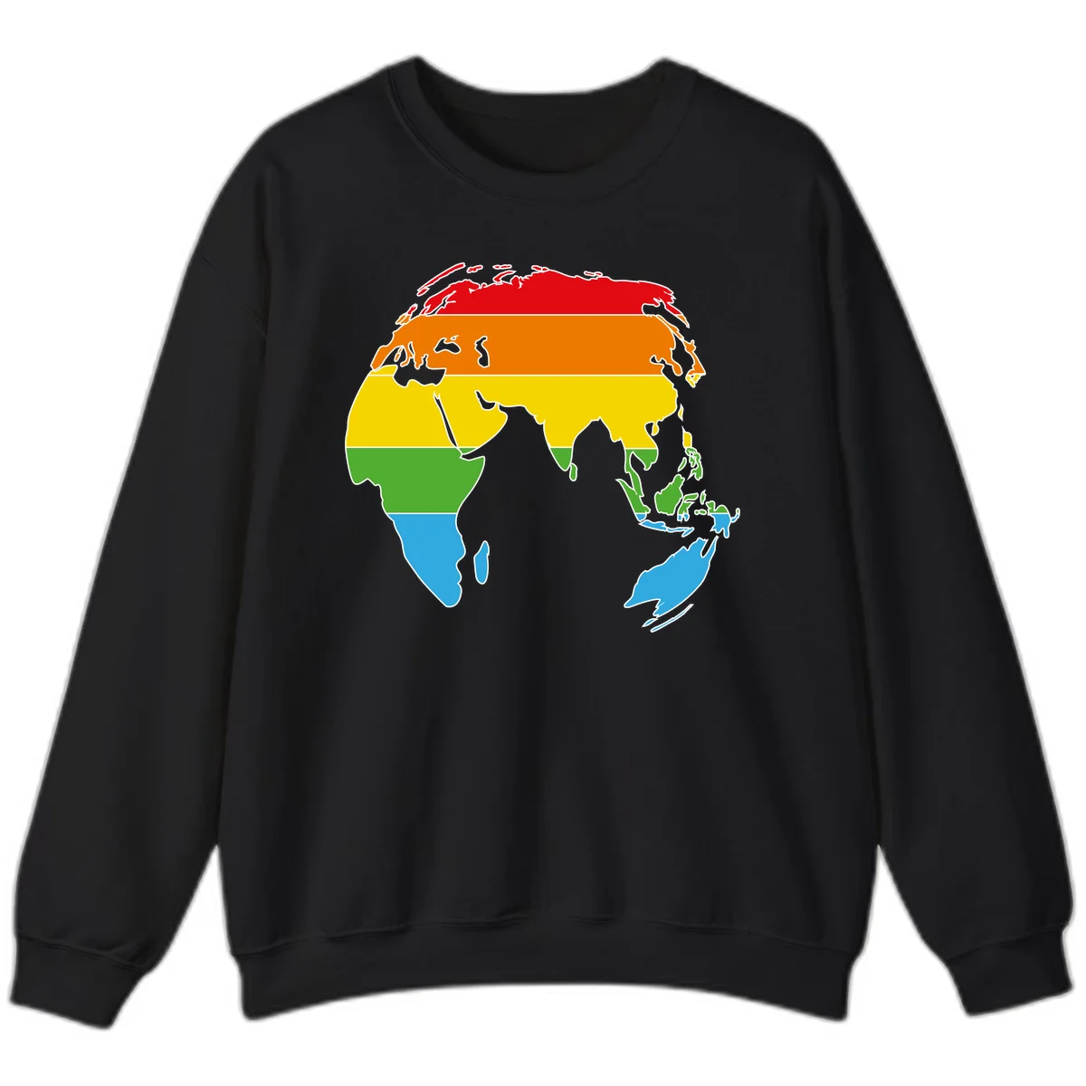 Map of Asia divided into five colored climate zones: red, orange, yellow, green, and blue bands representing different temperature and precipitation regions. in Black