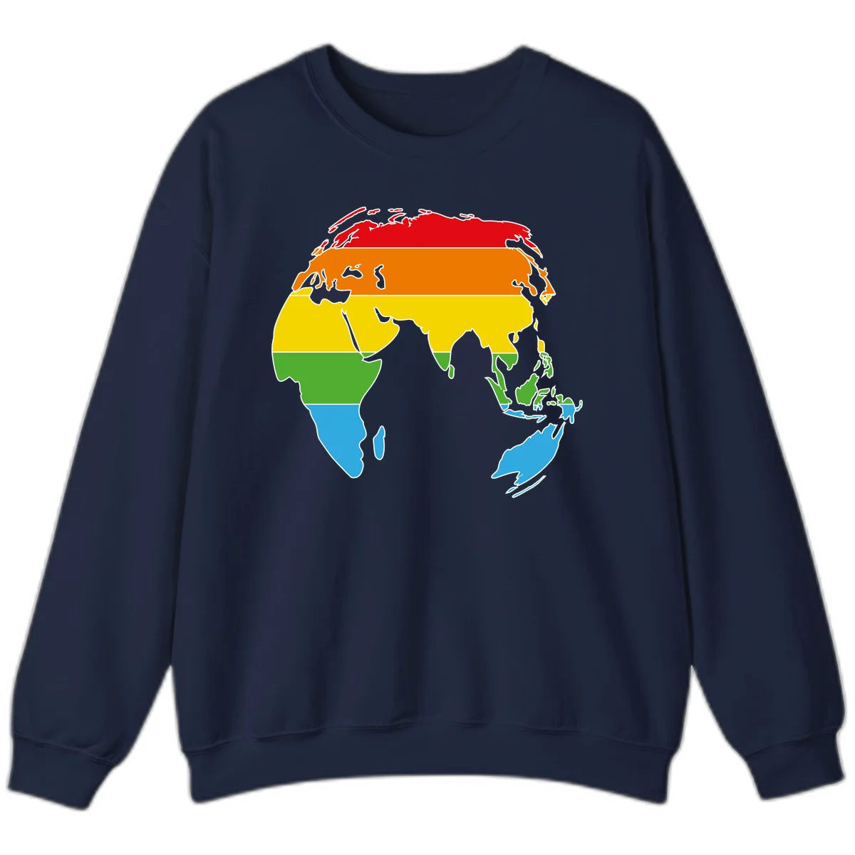 Map of Asia divided into five colored climate zones: red, orange, yellow, green, and blue bands representing different temperature and precipitation regions. in Navy