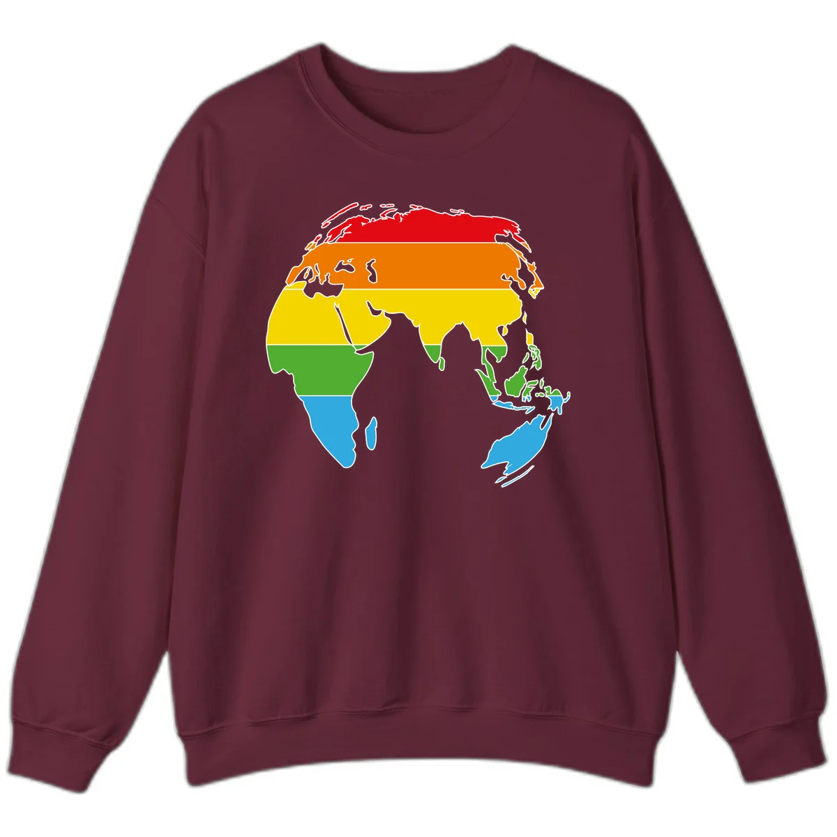 Map of Asia divided into five colored climate zones: red, orange, yellow, green, and blue bands representing different temperature and precipitation regions. in Maroon