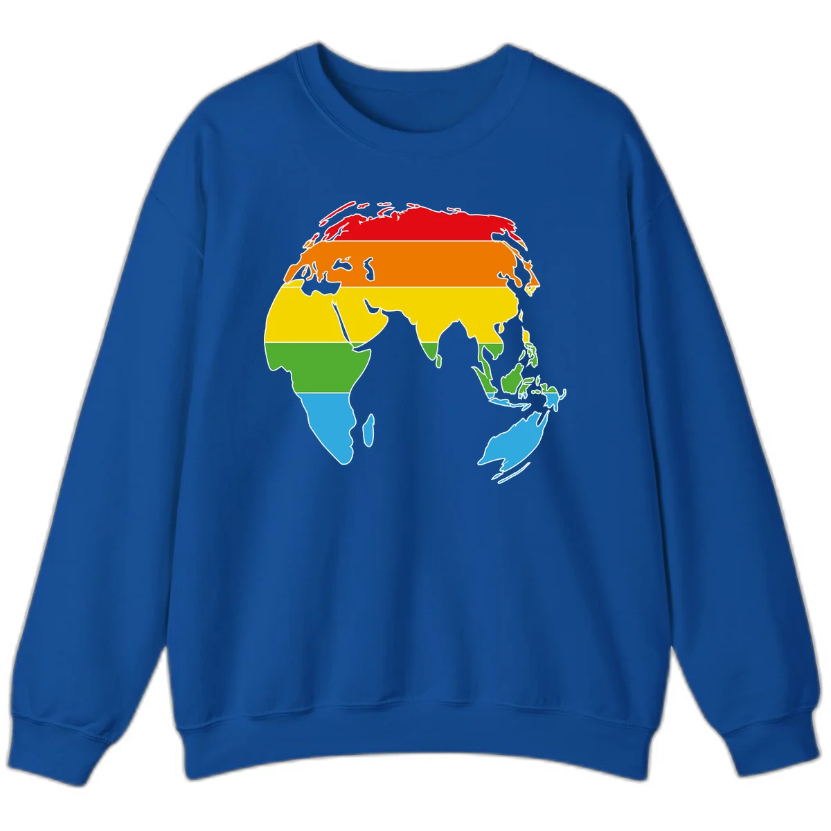 Map of Asia divided into five colored climate zones: red, orange, yellow, green, and blue bands representing different temperature and precipitation regions. in Royal