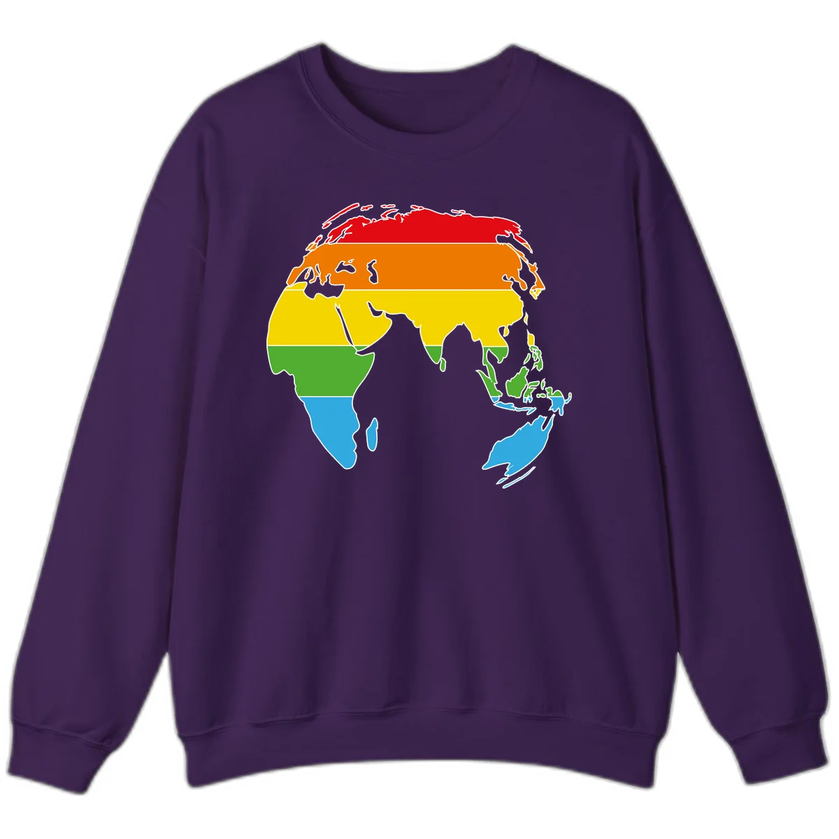 Map of Asia divided into five colored climate zones: red, orange, yellow, green, and blue bands representing different temperature and precipitation regions. in Purple