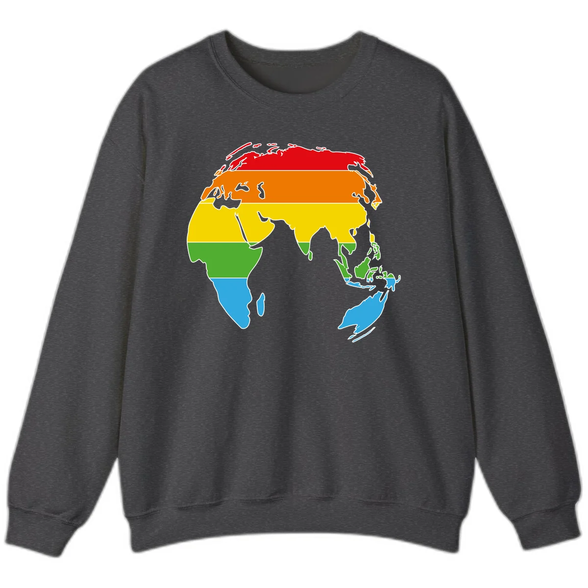 Map of Asia divided into five colored climate zones: red, orange, yellow, green, and blue bands representing different temperature and precipitation regions. in Dark Heather