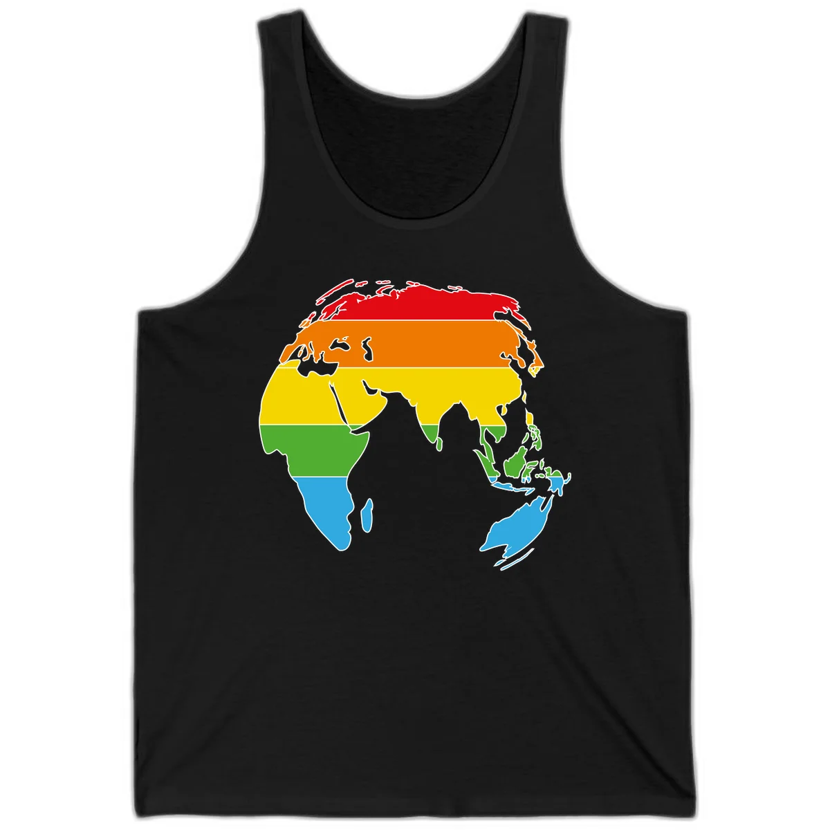 Map of Asia divided into five colored climate zones: red, orange, yellow, green, and blue bands representing different temperature and precipitation regions. in Black