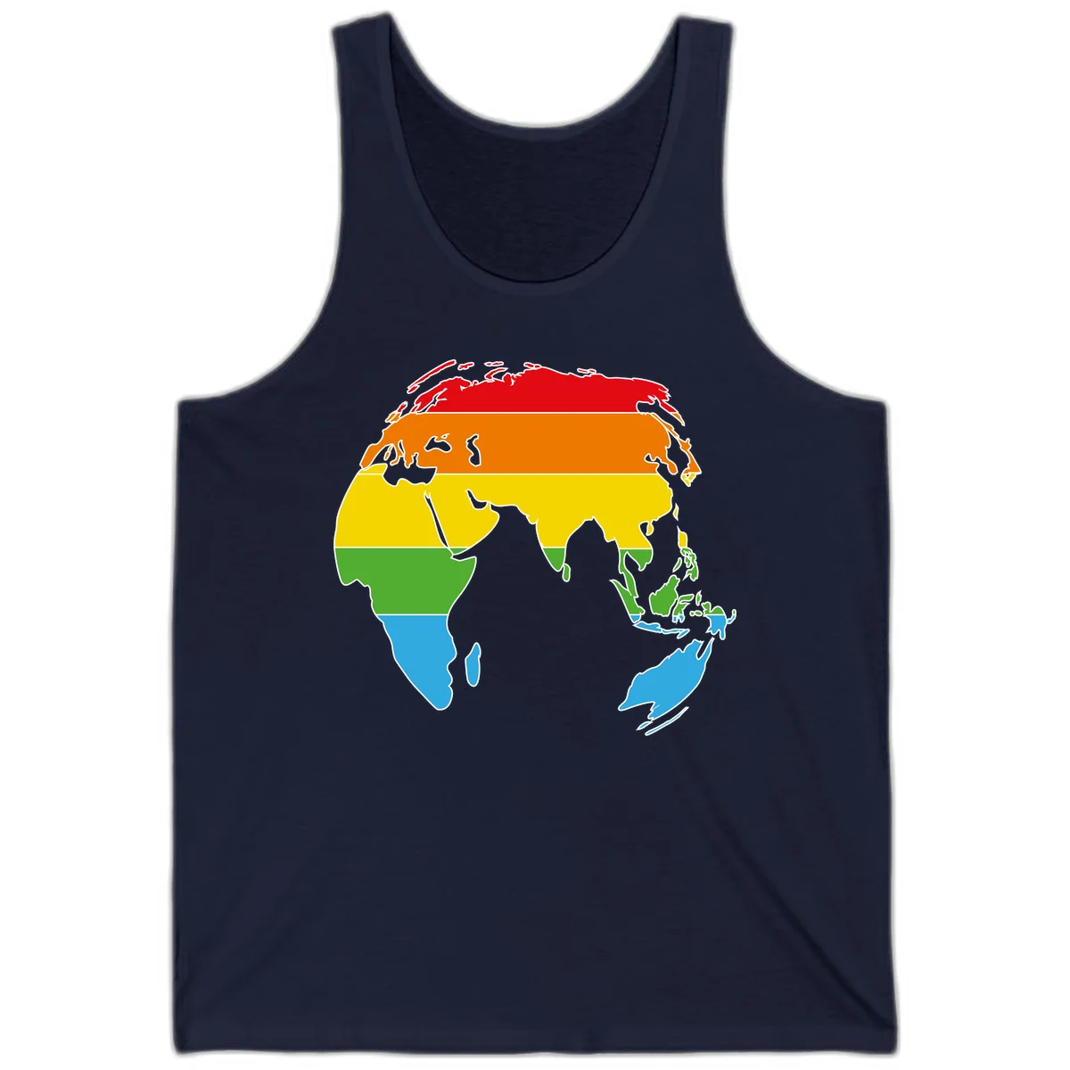 Map of Asia divided into five colored climate zones: red, orange, yellow, green, and blue bands representing different temperature and precipitation regions. in Navy