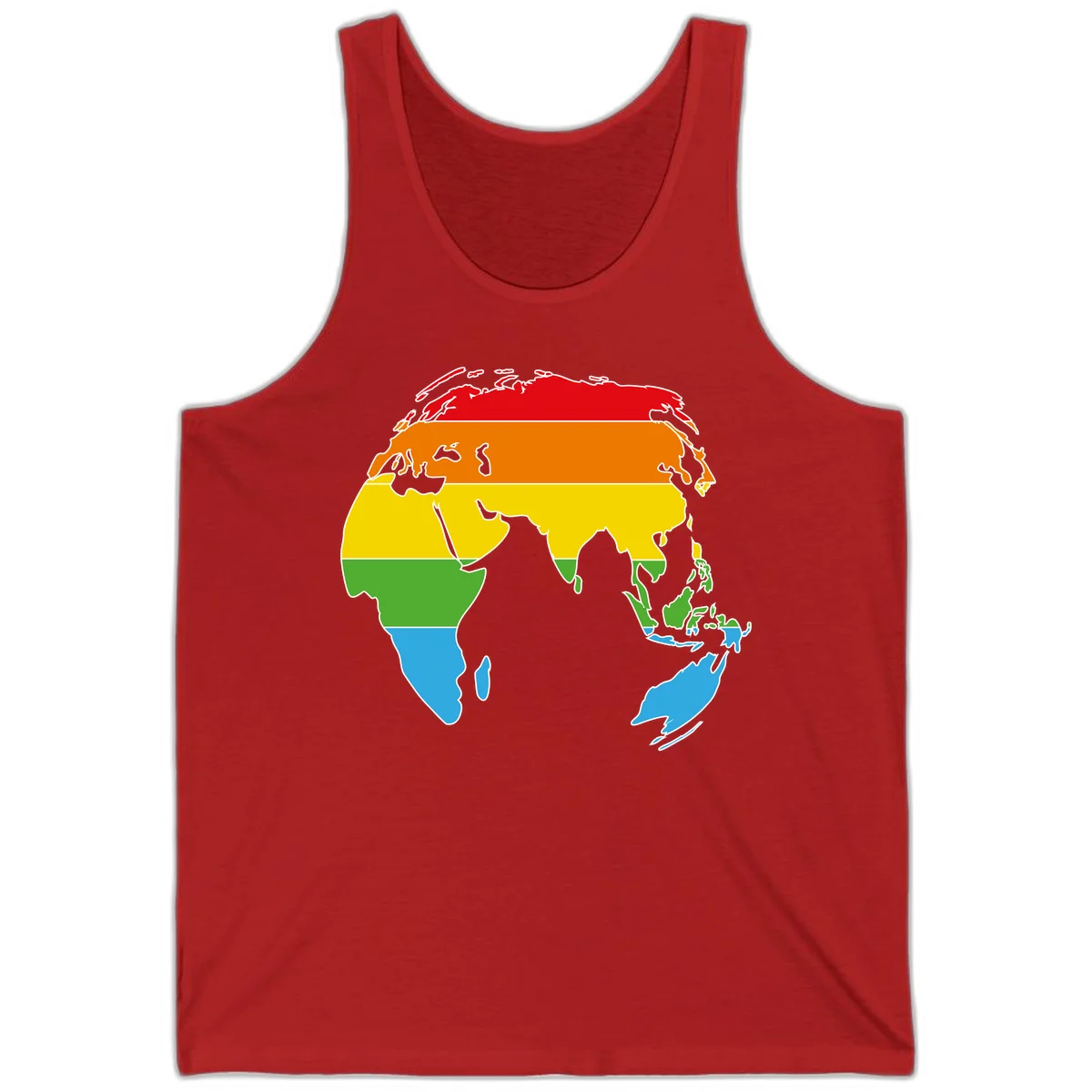 Map of Asia divided into five colored climate zones: red, orange, yellow, green, and blue bands representing different temperature and precipitation regions. in Red