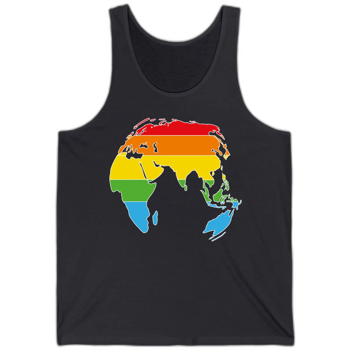 Map of Asia divided into five colored climate zones: red, orange, yellow, green, and blue bands representing different temperature and precipitation regions. in Dark Grey