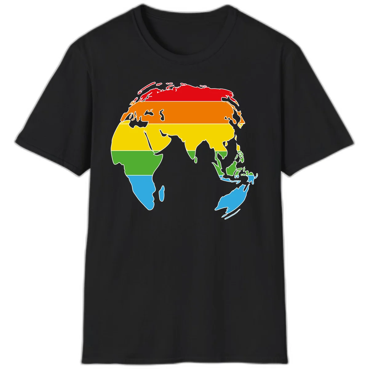 Map of Asia divided into five colored climate zones: red, orange, yellow, green, and blue bands representing different temperature and precipitation regions. in Black