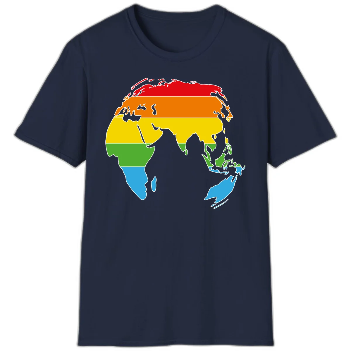 Map of Asia divided into five colored climate zones: red, orange, yellow, green, and blue bands representing different temperature and precipitation regions. in Navy