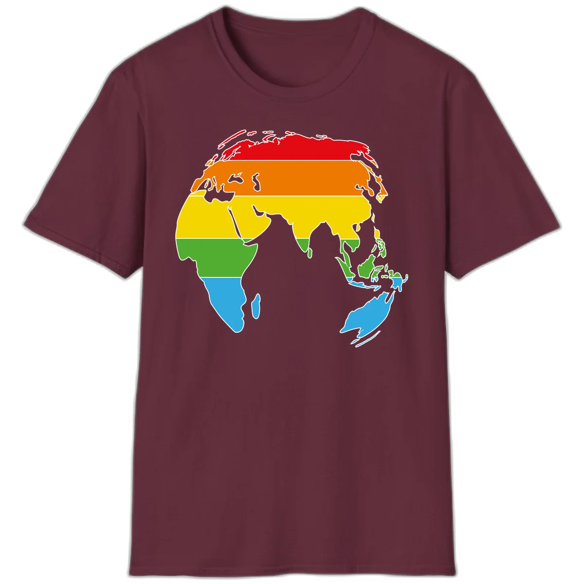 Map of Asia divided into five colored climate zones: red, orange, yellow, green, and blue bands representing different temperature and precipitation regions. in Maroon