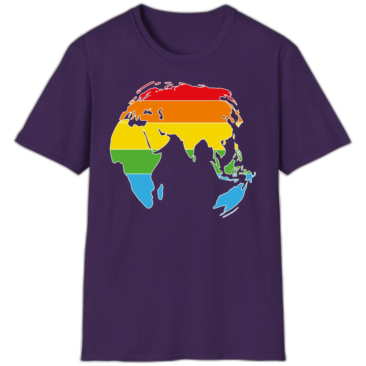 Map of Asia divided into five colored climate zones: red, orange, yellow, green, and blue bands representing different temperature and precipitation regions. in Purple