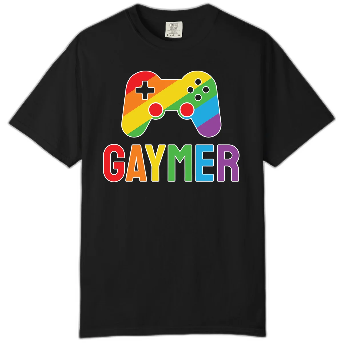 Rainbow gradient game controller with multicolored GAMER text below, featuring pride colors in diagonal stripes in Black