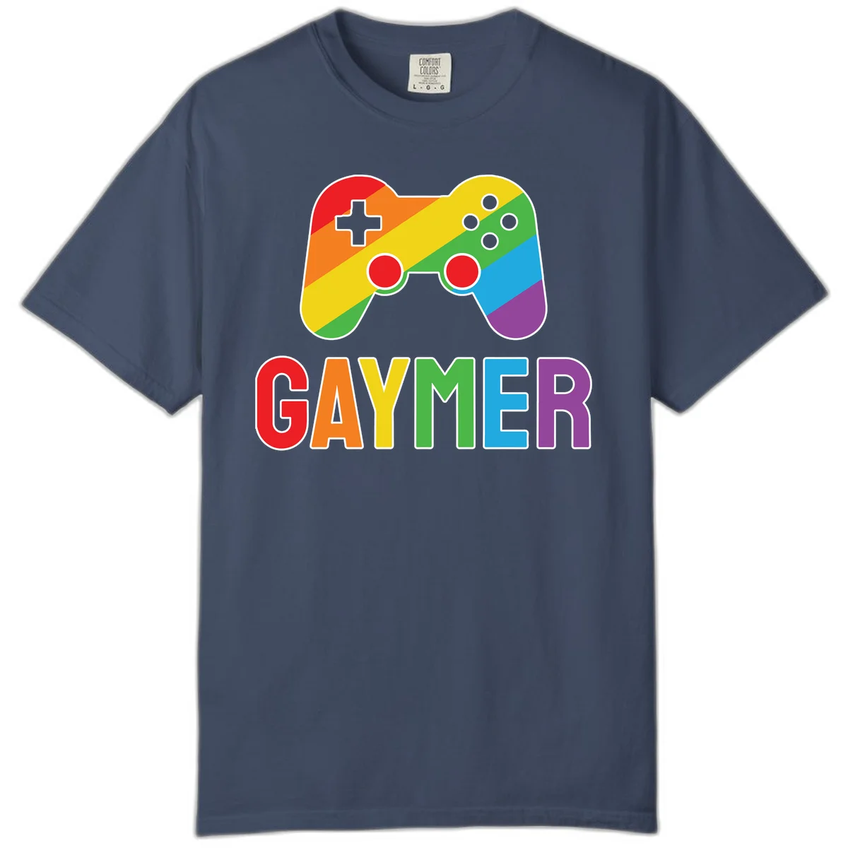 Rainbow gradient game controller with multicolored GAMER text below, featuring pride colors in diagonal stripes in Midnight