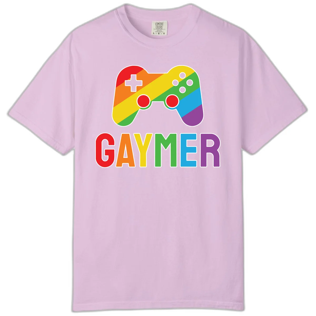 Rainbow gradient game controller with multicolored GAMER text below, featuring pride colors in diagonal stripes in Orchid