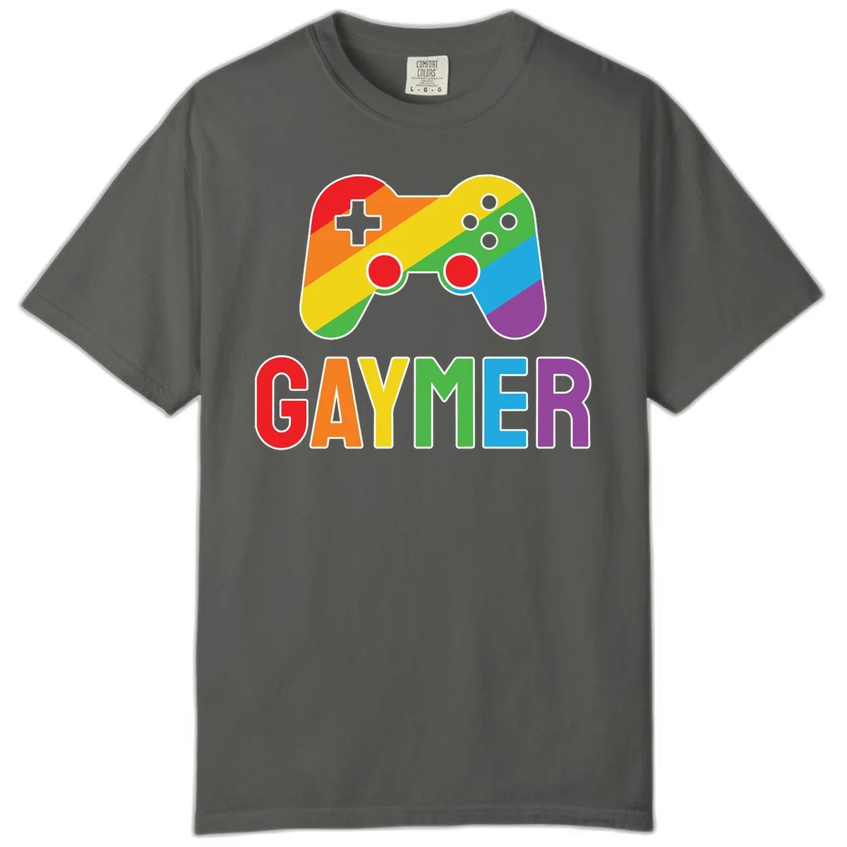 Rainbow gradient game controller with multicolored GAMER text below, featuring pride colors in diagonal stripes in Pepper