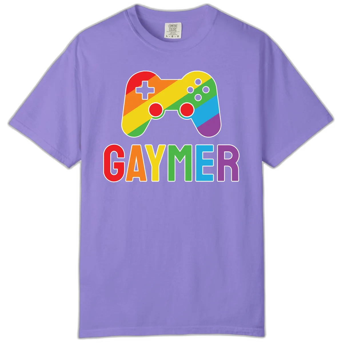 Rainbow gradient game controller with multicolored GAMER text below, featuring pride colors in diagonal stripes in Violet