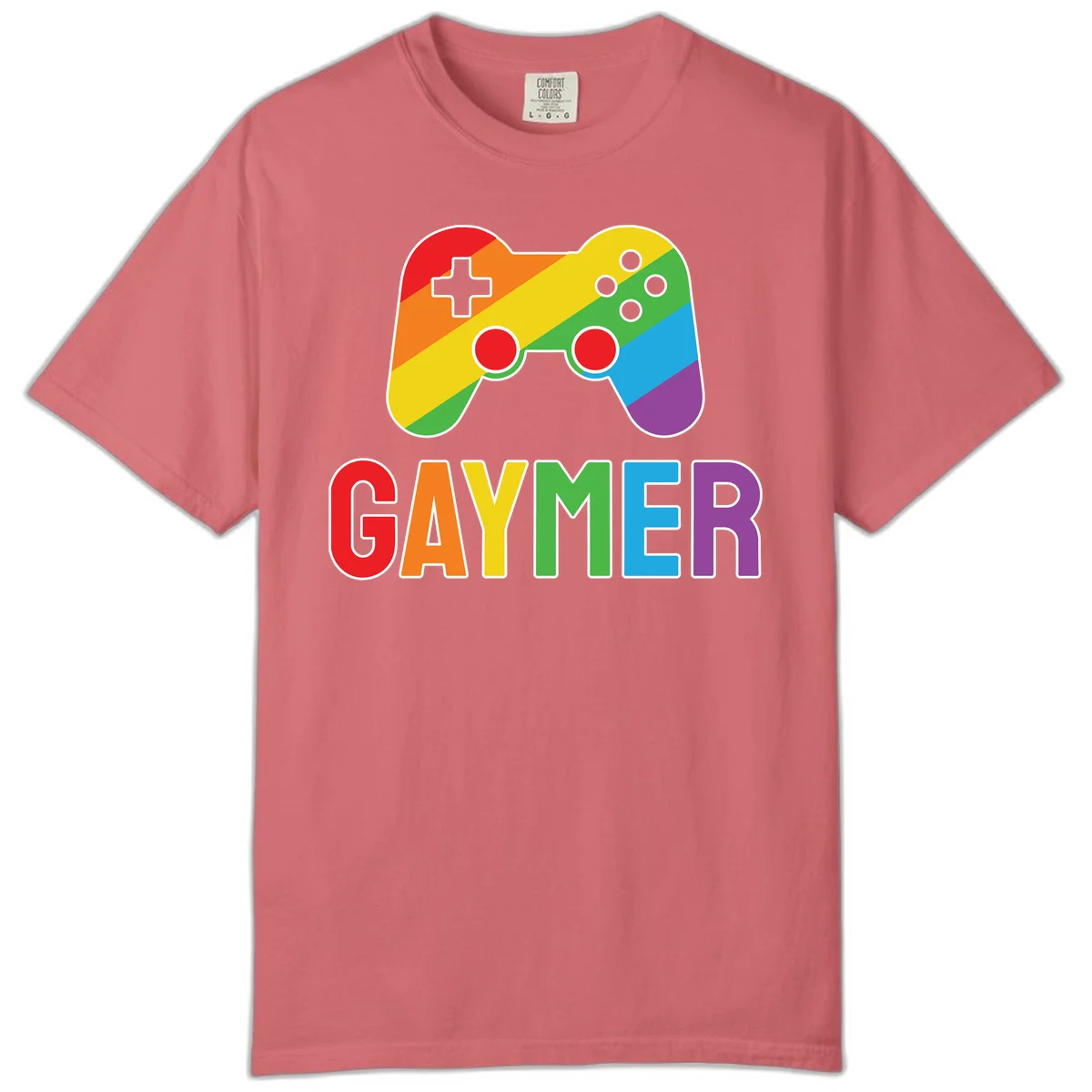 Rainbow gradient game controller with multicolored GAMER text below, featuring pride colors in diagonal stripes in Watermelon