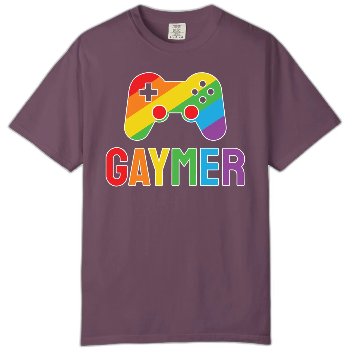 Rainbow gradient game controller with multicolored GAMER text below, featuring pride colors in diagonal stripes in Berry