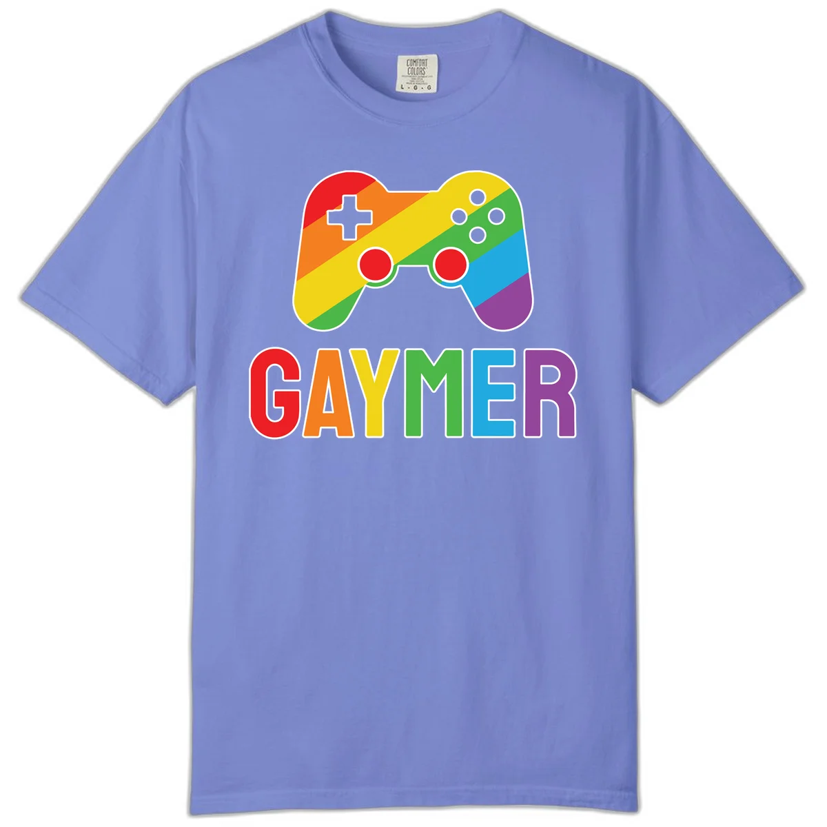 Rainbow gradient game controller with multicolored GAMER text below, featuring pride colors in diagonal stripes in Flo Blue