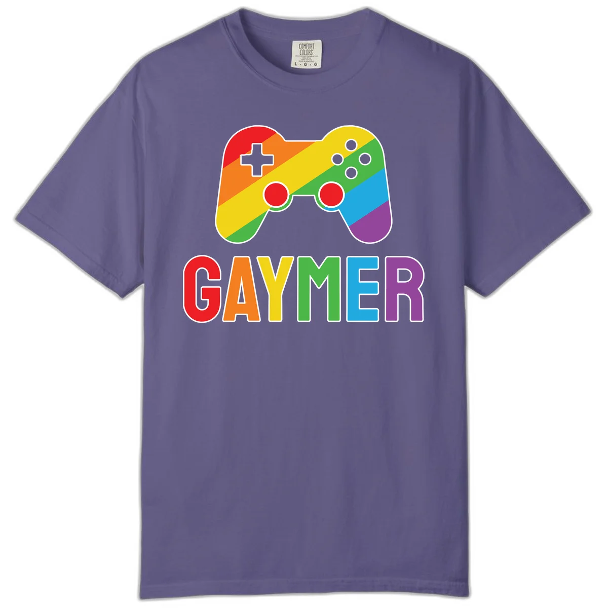 Rainbow gradient game controller with multicolored GAMER text below, featuring pride colors in diagonal stripes in Grape