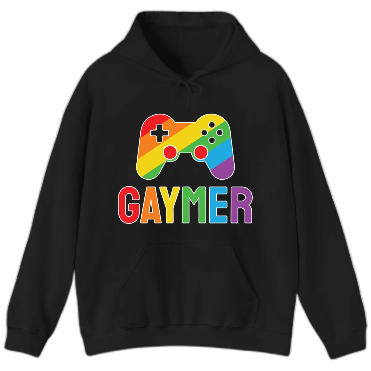 Rainbow gradient game controller with multicolored GAMER text below, featuring pride colors in diagonal stripes in Black