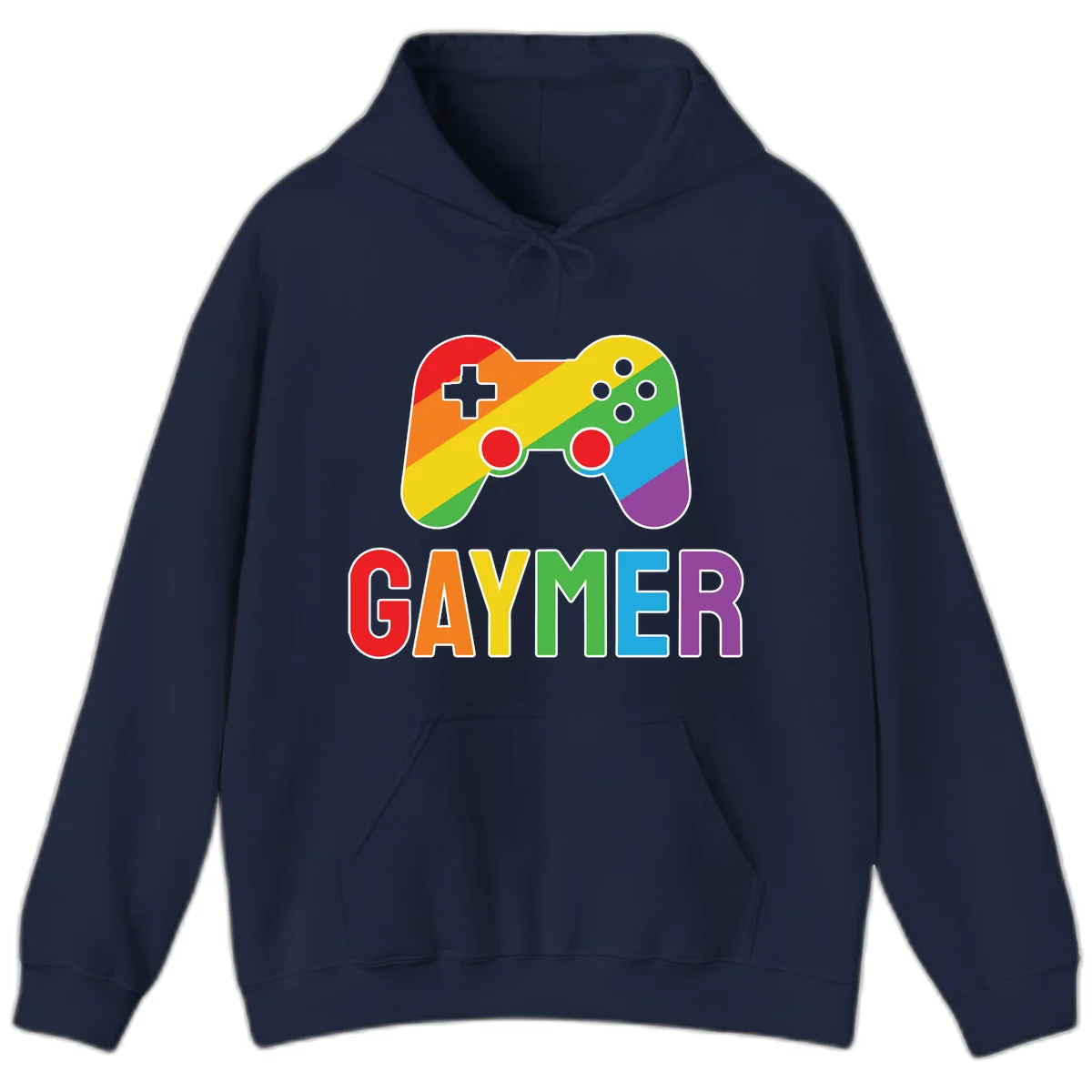 Rainbow gradient game controller with multicolored GAMER text below, featuring pride colors in diagonal stripes in Navy