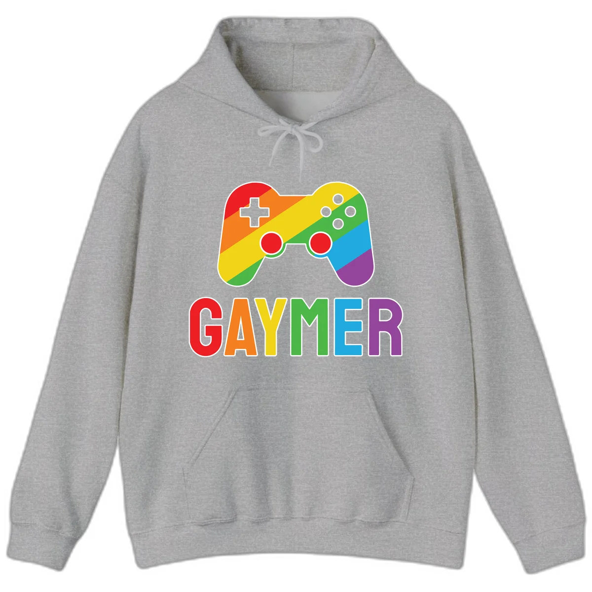 Rainbow gradient game controller with multicolored GAMER text below, featuring pride colors in diagonal stripes in Sport Grey
