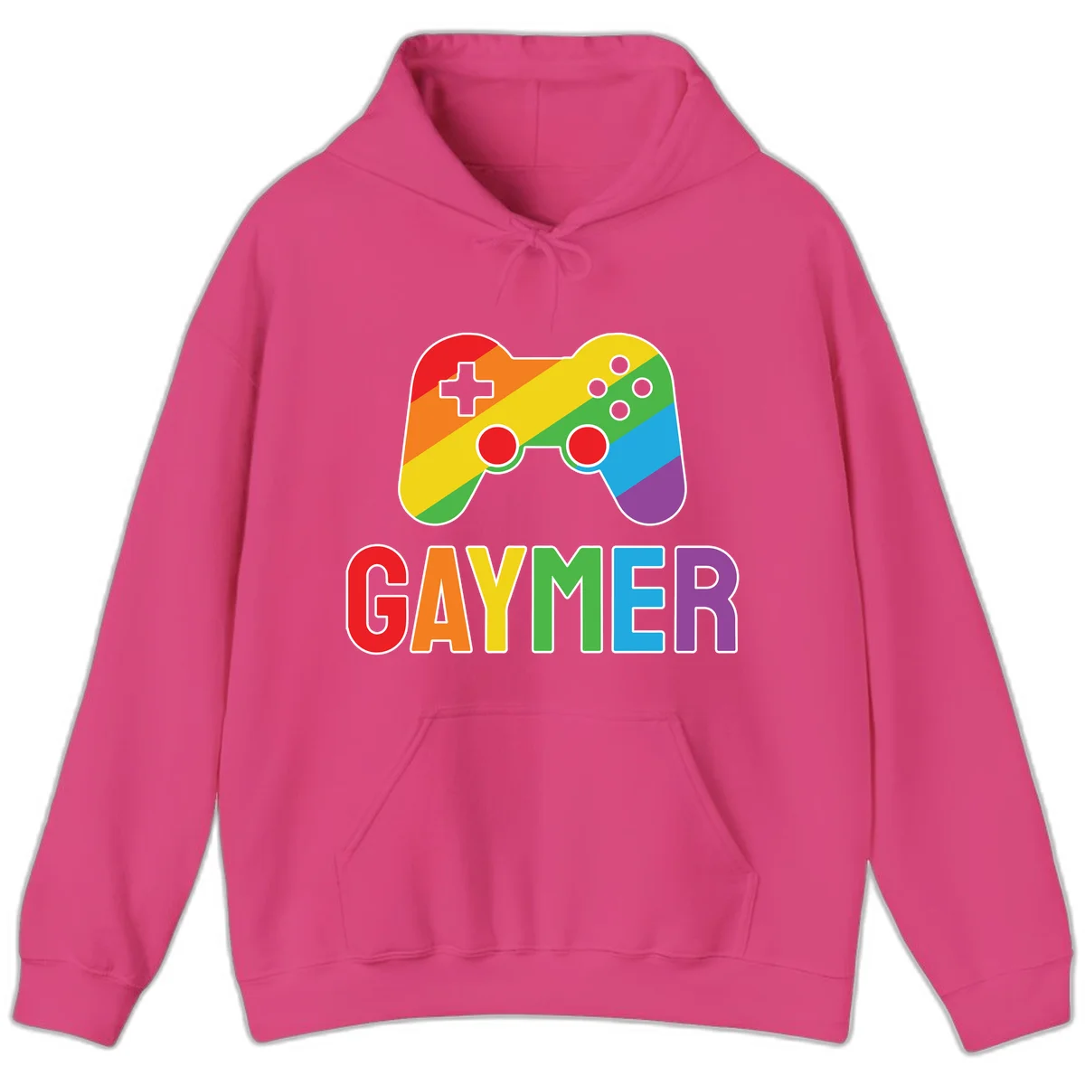 Rainbow gradient game controller with multicolored GAMER text below, featuring pride colors in diagonal stripes in Heliconia