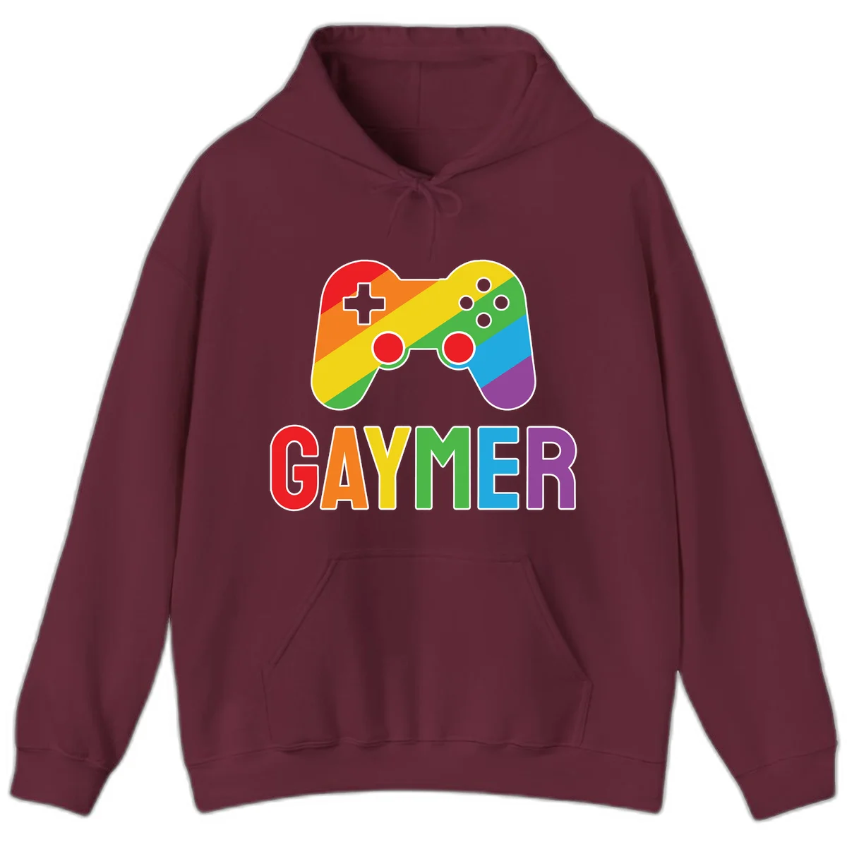 Rainbow gradient game controller with multicolored GAMER text below, featuring pride colors in diagonal stripes in Maroon