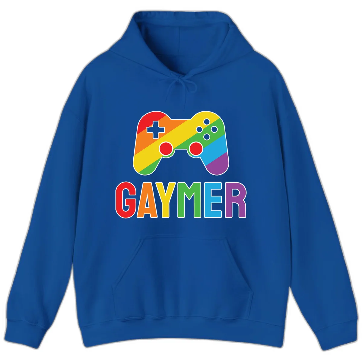 Rainbow gradient game controller with multicolored GAMER text below, featuring pride colors in diagonal stripes in Royal