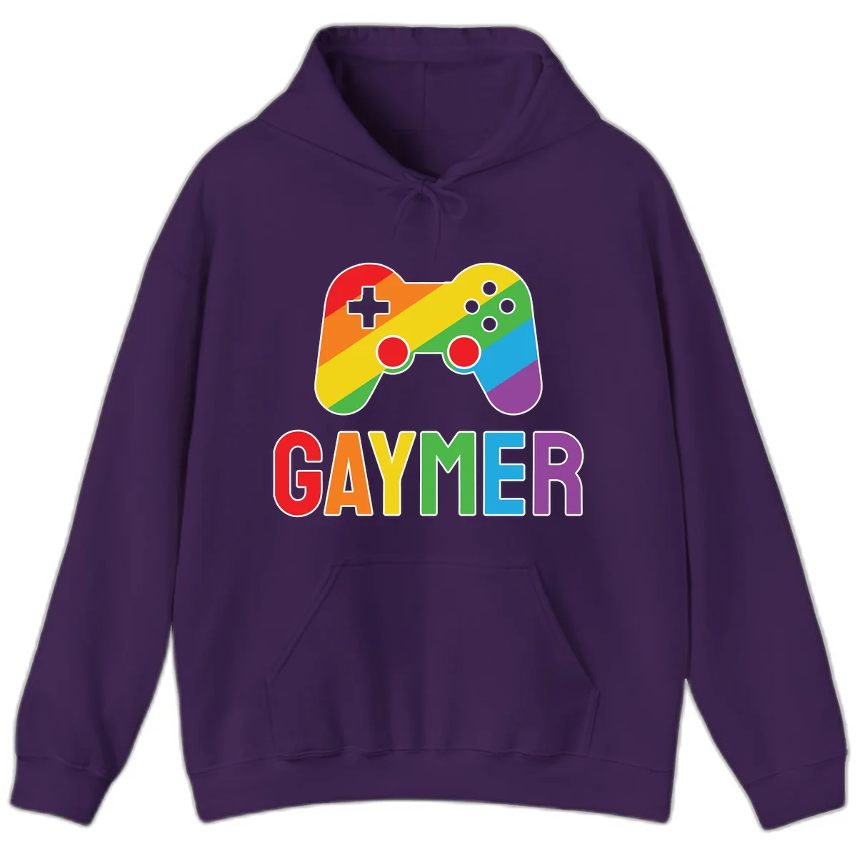 Rainbow gradient game controller with multicolored GAMER text below, featuring pride colors in diagonal stripes in Purple