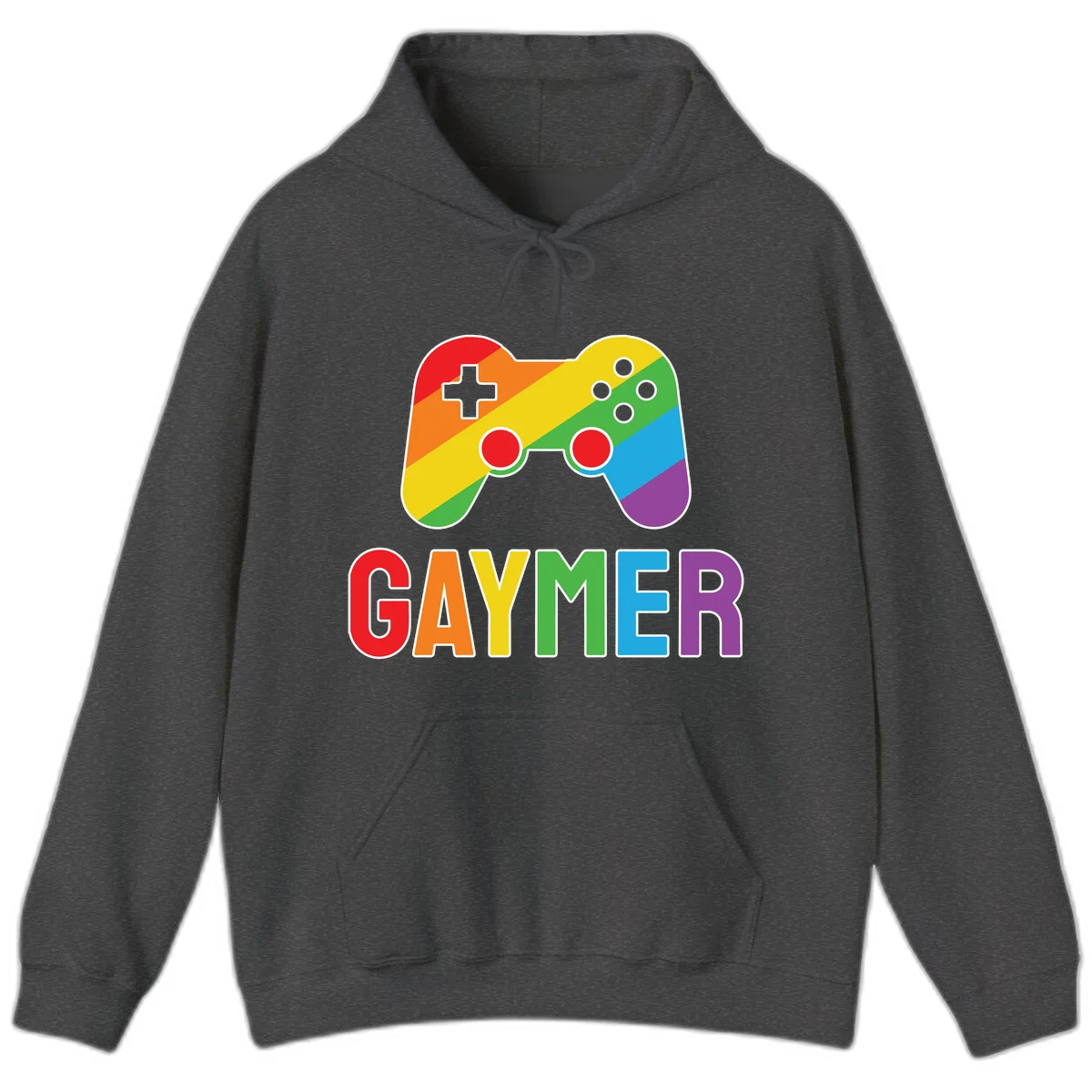 Rainbow gradient game controller with multicolored GAMER text below, featuring pride colors in diagonal stripes in Dark Heather