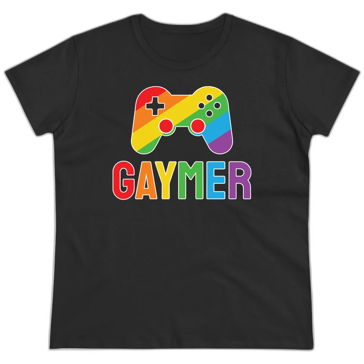 Rainbow gradient game controller with multicolored GAMER text below, featuring pride colors in diagonal stripes in Black