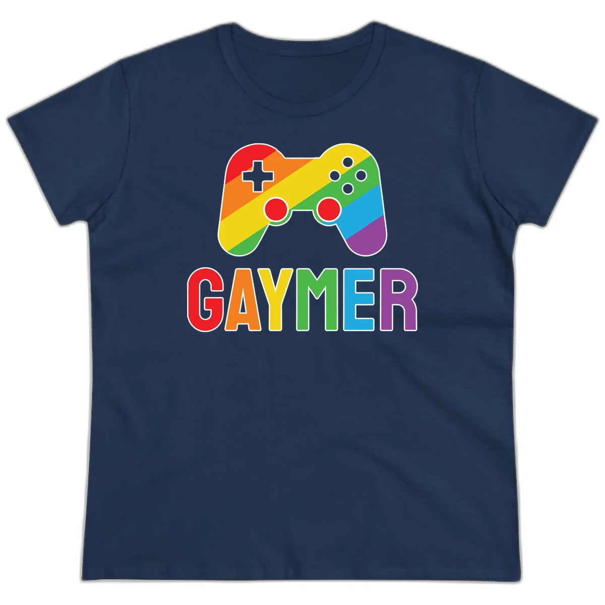 Rainbow gradient game controller with multicolored GAMER text below, featuring pride colors in diagonal stripes in Navy