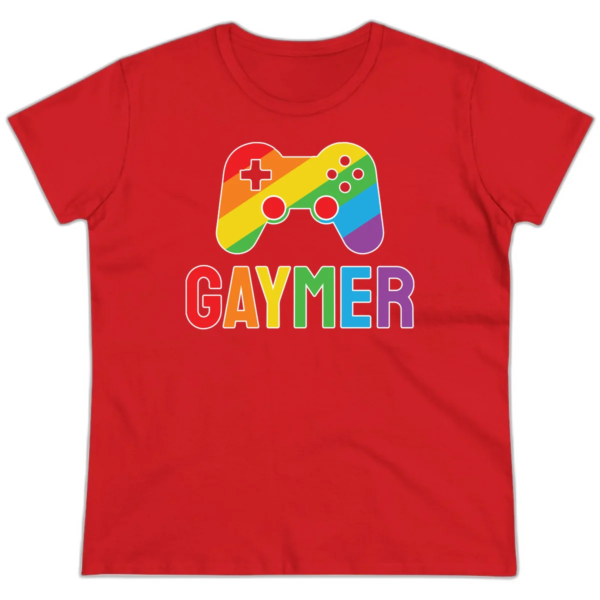 Rainbow gradient game controller with multicolored GAMER text below, featuring pride colors in diagonal stripes in Red