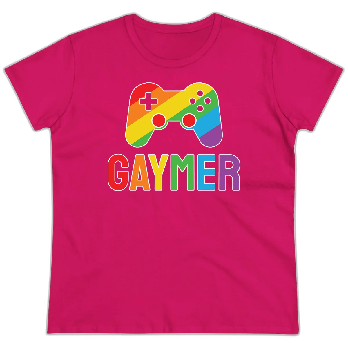 Rainbow gradient game controller with multicolored GAMER text below, featuring pride colors in diagonal stripes in Heliconia