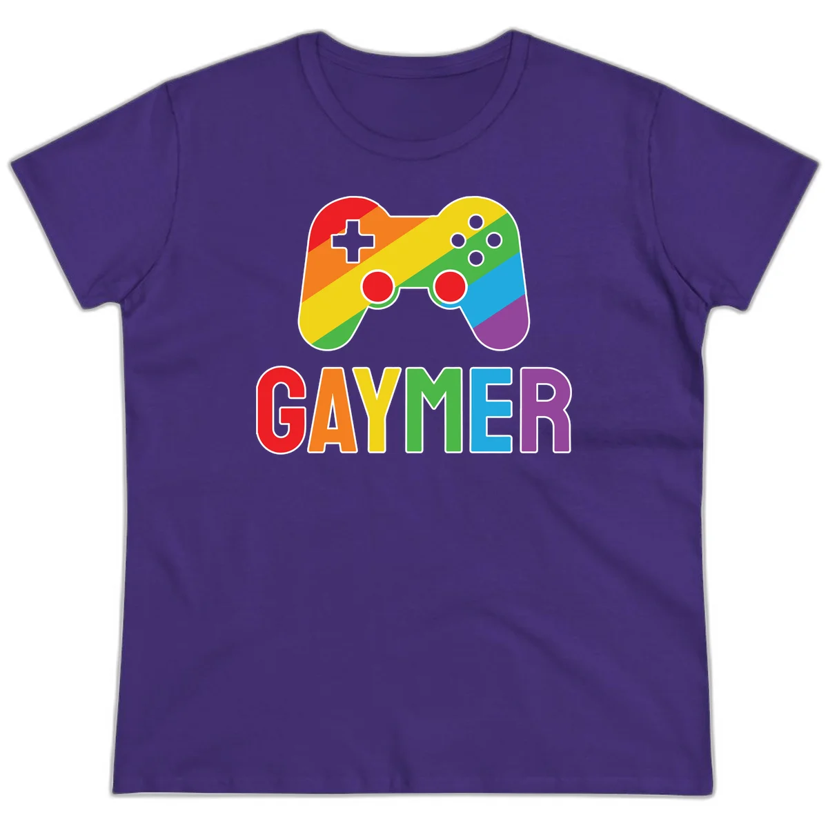Rainbow gradient game controller with multicolored GAMER text below, featuring pride colors in diagonal stripes in Purple