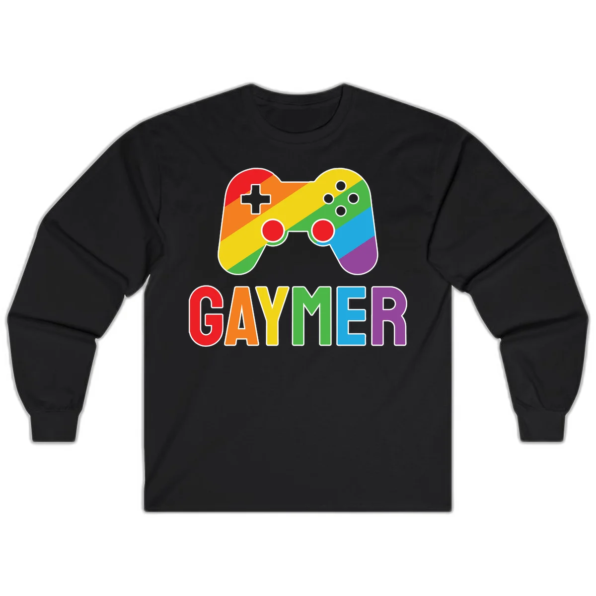 Rainbow gradient game controller with multicolored GAMER text below, featuring pride colors in diagonal stripes in Black