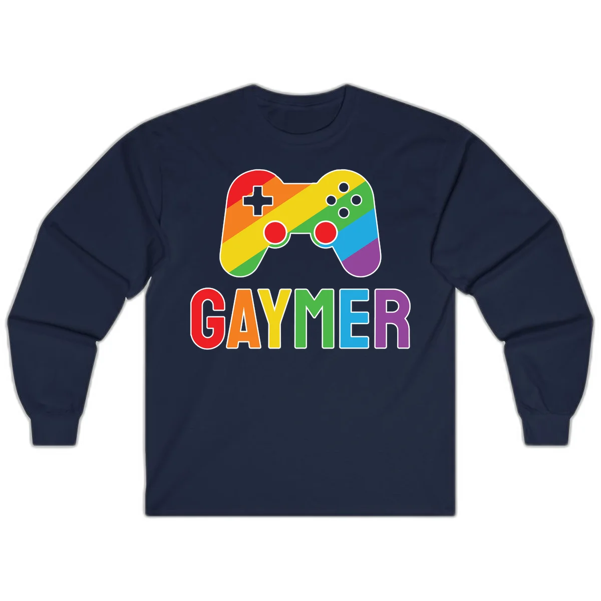 Rainbow gradient game controller with multicolored GAMER text below, featuring pride colors in diagonal stripes in Navy
