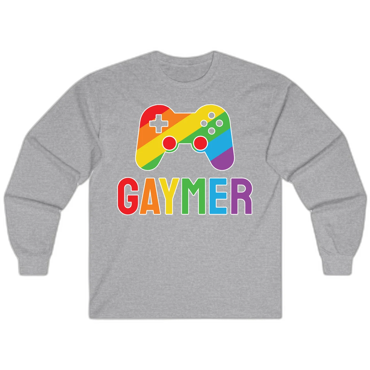 Rainbow gradient game controller with multicolored GAMER text below, featuring pride colors in diagonal stripes in Sport Grey
