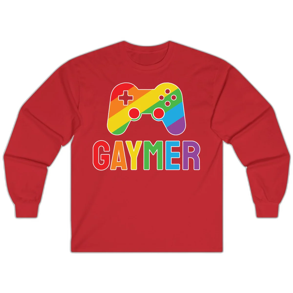 Rainbow gradient game controller with multicolored GAMER text below, featuring pride colors in diagonal stripes in Red