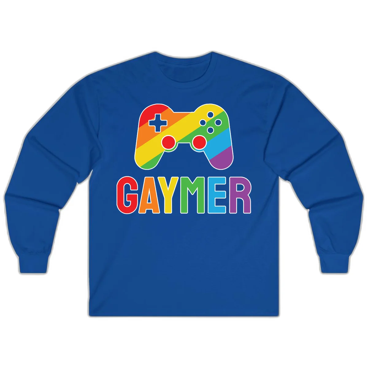 Rainbow gradient game controller with multicolored GAMER text below, featuring pride colors in diagonal stripes in Royal