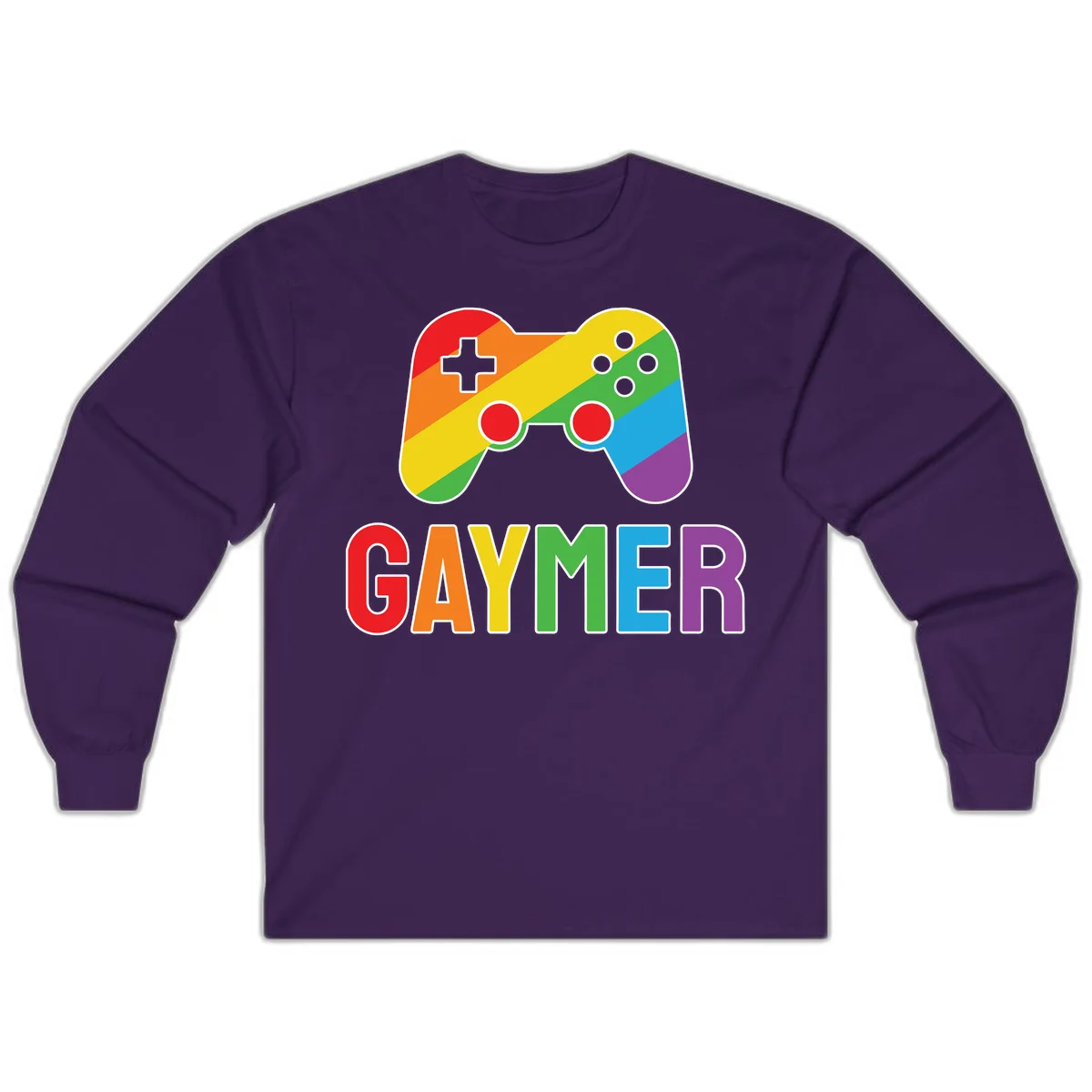 Rainbow gradient game controller with multicolored GAMER text below, featuring pride colors in diagonal stripes in Purple