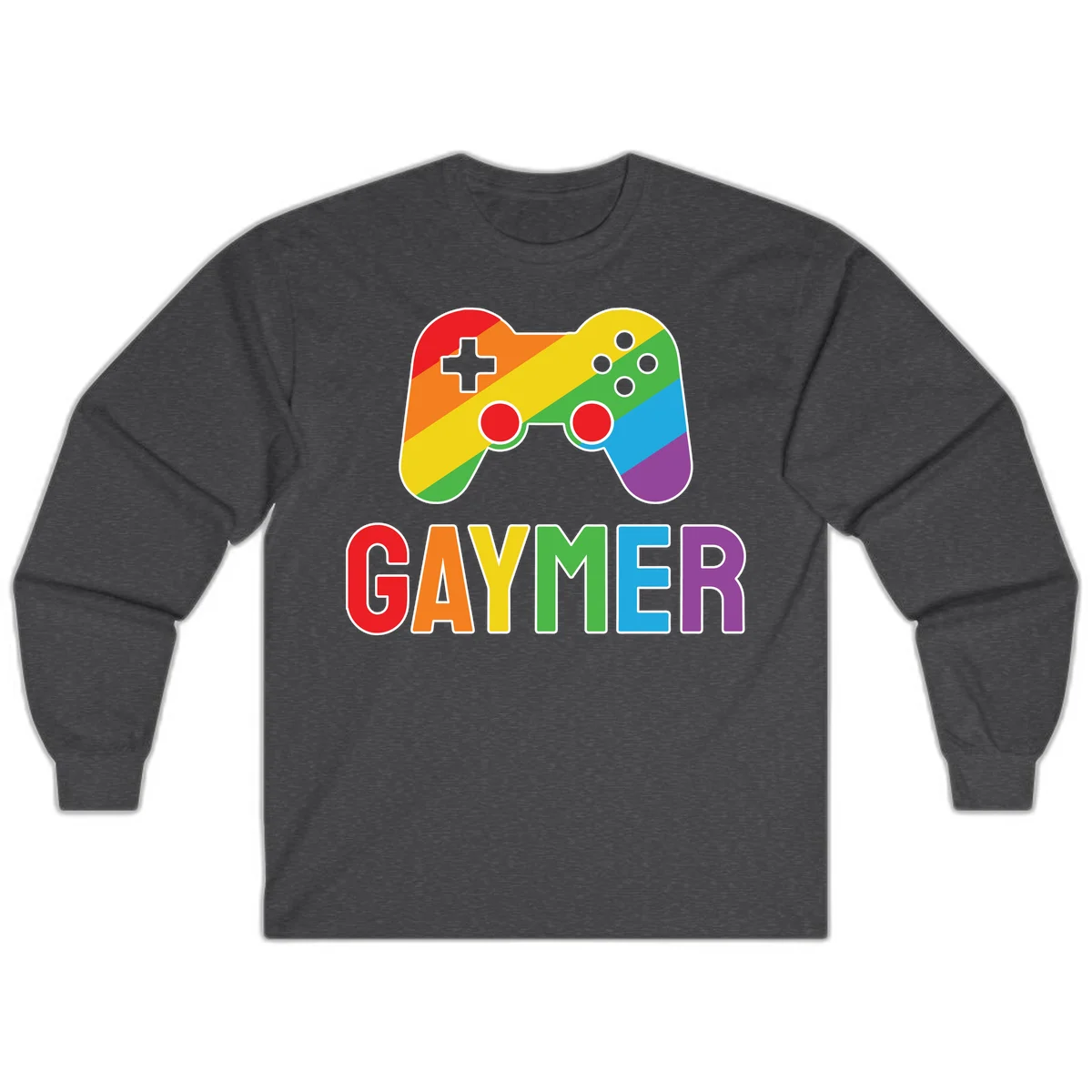 Rainbow gradient game controller with multicolored GAMER text below, featuring pride colors in diagonal stripes in Dark Heather