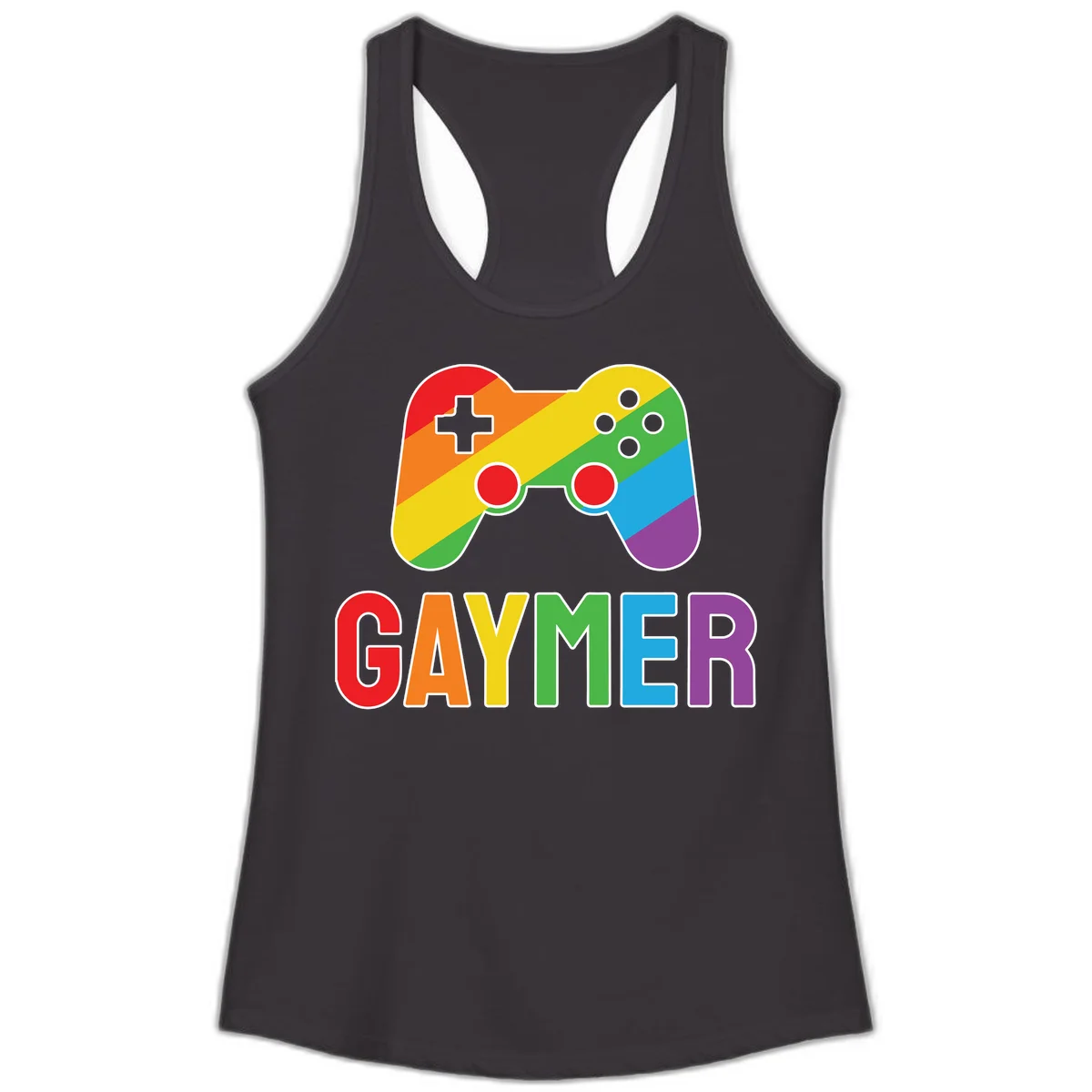 Rainbow gradient game controller with multicolored GAMER text below, featuring pride colors in diagonal stripes in Black